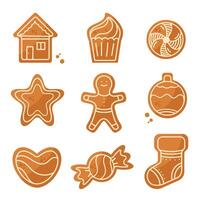 Christmas Gingerbread element set. Winter sweet homemade biscuits in different shapes isolated on white background. vector