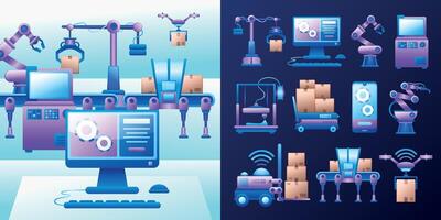 Futuristic Automated Warehouse with Robotics vector