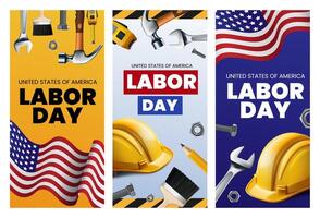 Labor Day Banners with Tools and Flags vector