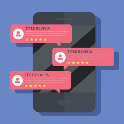 Concept of feedback, testimonials messages and notifications. Speech bubbles on mobile phone with review rating, flat style smart phone reviews stars with good and bad rate and text.