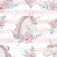 Seamless watercolor Pattern with Unicorns surrounded by pink Flowers on a striped pastel background. Childish backdrop with horse and floral elements for children designs, nursery, and wrapping paper. vector