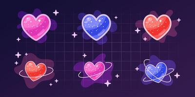 Glowing heart stickers, y2k shapes with frames. hears, stars, spacial elements and liquid moving. Retro graphic design elements. illustration. vector