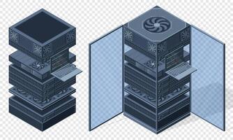 Isometric server. Server racks. Server boxes isolated. Network server room. Computer network technology. illustration vector