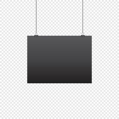 Paper hanging on clip. Poster mockup with black frame. Poster hanging on rope with clips. Realistic empty banner. illustration