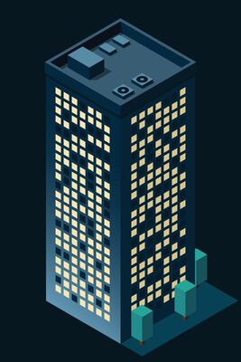Isometric city building at night. Isometric modern building. Skyscraper building or business office. illustration