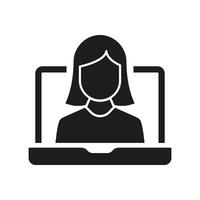 Online Call with Woman Silhouette Icon for Virtual Support and Communication. Online Conference Glyph Symbol. Virtual Meeting and Remote Communication. Isolated Illustration vector