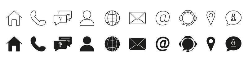 Communication, Contact, and Support Services Line and Silhouette Icon Set. Email, Phone, and Location Symbol Collection. Isolated Illustration vector