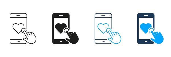Like Button Line and Silhouette Icon Set. Click On Heart Shape Button In Smartphone Pictogram. Social Media Notification Symbol. Network Online Sign. Editable Stroke. Isolated Illustration vector