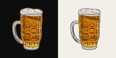 Full glass of beer. Mug with handle and overflowing beer foam. Filtered transparent beverage. Vintage illustration on black, white background. vector