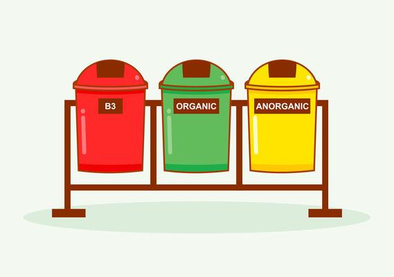 Trash Bin Three Colors Illustration. Red for B3. Green For Organic. Yellow For Anorganic
