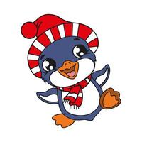 Cute cartoon penguin character on white background in red hat and scarf. Isolated object on white background vector