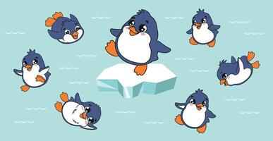 Set of cartoon penguins in different positions. Hand-drawn character on blue background for children illustrations. vector