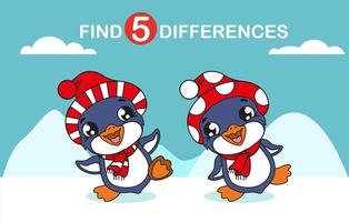Cute Christmas penguin. Find 5 differences. Educational game for young children, preschoolers. Development of attention, memory, learning. vector