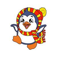 Cute cartoon penguin character on white background in red hat and scarf. Isolated object on white background vector