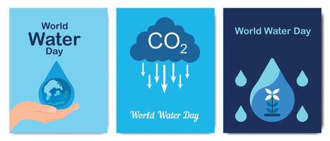 Three World Water Day posters featuring a water droplet with Earth, a CO2 cloud with arrows, and a flower inside a droplet. vector