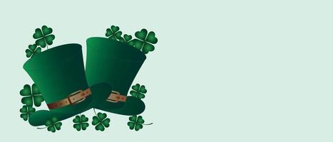 Two green leprechaun hats with buckles and shamrocks are arranged on a pale green background, symbolizing St. Patrick's Day. vector