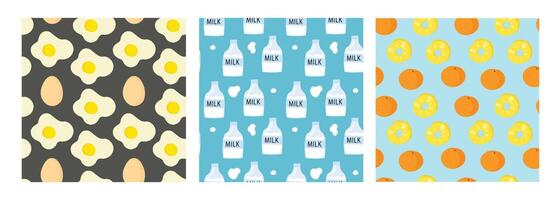 Group of seamless patterns with eggs, milk bottles, and oranges with donuts. vector