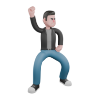 3D Screenwriter Character. A male screenwriter stands with his legs wide open with his left hand on his waist and his right fist clenched upwards, an expression of a strong hero. Artistic png