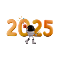 nuevo año robot tema 3d dibujos animados diseño. un robot camina con fuegos artificiales en sus izquierda mano y un trompeta en sus Derecha mano, detrás eso es escrito 2025. ilustración personaje png