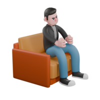 Professional Screenwriter Cartoon Design. A male screenwriter sits on a sofa with both hands clenched on his knees, an expression of annoyance. 3D Artistic Model png
