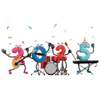 Lively New Year Party 3D Cartoon Characters. The number 2025 stands while playing their respective musical instruments with happy expressions. Illustration Design png