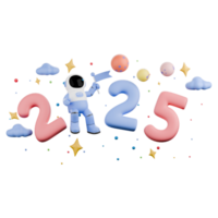 3D Cartoon Design of Astronaut Theme for New Year 2025. An Astronaut stands on the number 0 where all the numbers form 2025 with the Astronaut's left hand holding a flag. Illustration Character png