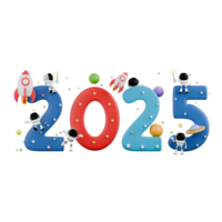 3d dibujos animados personaje para nuevo año 2025 con astronauta tema. el número 2025 es rodeado por astronautas posando alrededor él. ilustración diseño png