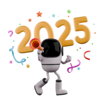 nuevo año celebracion robot 3d diseño. un robot camina mientras soplo un trompeta en sus Derecha mano, detrás eso es escrito 2025 . dibujos animados personaje ilustración png