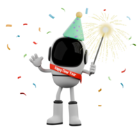 Robot Theme for New Year 3D Model. A robot stands with a party hat on its head while holding fireworks in one hand. Cartoon Illustration Style png