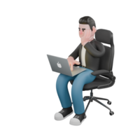 Cartoon Cameraman 3D Character Design. A male cameraman sits on a chair with a laptop on his lap while his right hand is typing and his left hand is supporting his chin. Illustration Style png