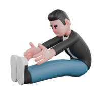 Cartoon Cameraman Creative 3D Artwork Model. A male cameraman sits with legs straight up front, body bent forward, hands wanting to reach his thighs. Illustration Design png