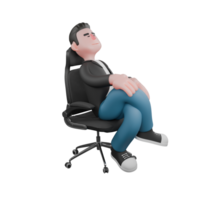 Creative Artwork Design of 3D Cartoon Cameraman Character. A male cameraman sits leaning back in a chair with his legs crossed and his hands on his knees, relaxed expression. Illustration Art png