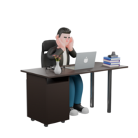 3D Creative Cartoon Cameraman Artwork Design Style Model. A male cameraman sits on a chair with a laptop on the table and both hands holding his cheeks while closing his eyes, tired expression. png
