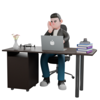 3D Creative Cartoon Cameraman Artwork Design Style Model. A male cameraman sits on a chair with a laptop on a table while typing on a keyboard with his left hand, and his right hand is on his cheek. png