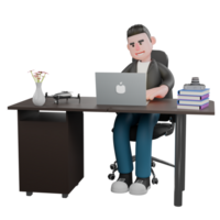 3D Creative Cartoon Cameraman Artwork Design Style Model. A male cameraman sits on a chair with a laptop on a table while typing on a keyboard with both hands. Illustration png