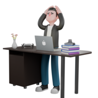 Creative 3D Cartoon Cameraman Artwork in Design Style. A male cameraman stands in front table with both hands holding his head, dizzy expression. Creative Illustration png