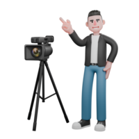 Design of 3D Cartoon Cameraman Character. A male cameraman stands next to a studio camera with his left hand on his waist, and his right hand pointing upwards, as if he is directing an object. png