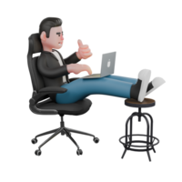 3D Creative Cartoon Cameraman Artwork Design Style Model. A male cameraman sits on a chair with a laptop on his lap while typing on the keyboard with his right hand, and gives a thumbs up. png