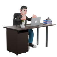 3D Creative Cartoon Cameraman Artwork Design Style Model. A male cameraman sits on a chair with a laptop on the table while both hands are raised, as if he wants to take the laptop. Illustration Model png