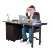 Design in Creative Style Artwork 3D. A male cameraman sits on a chair with a laptop on the table while typing on the keyboard in his left hand, and his right hand holds his head, as if thinking. png
