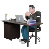 3D Creative Cartoon Cameraman Artwork Design Style Model. A Male Cameraman sits on a chair with a laptop on his table while both hands are clenched on the table, sharp eyes looking forward . png