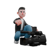 Cameraman Artwork in Creative 3D Cartoon Design Style. A Male Cameraman crouches with a camera in front of him while his hands seem to want to take his camera . Illustration png