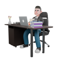 Cartoon Cameraman 3D Creative Artwork Design Model.A male cameraman sitting on a black chair and in front of him there is a table with a laptop and a stack of books on it. Illustration png