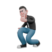 Cartoon Cameraman Design Style Creative Artwork 3D. A male cameraman is crouching facing right with his left hand holding his chin . Illustration png