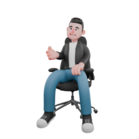 Creative Artwork Design of 3D Cartoon Cameraman Character. A male cameraman sits on a chair with his right hand extended forward while his left hand is on his lap . Illustration png