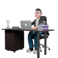 Cartoon Cameraman Design Style Creative Artwork 3D. A male cameraman sits on a chair with a laptop open on the table while both hands appear to be typing. Illustration png