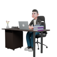 Cartoon Cameraman 3D Creative Artwork Design Model. A male cameraman sits on a chair with a laptop on the table and both hands on the laptop, as if typing. Illustration png