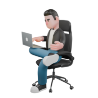 Creative 3D Artwork Design in Cartoon Style of Cameraman. A male cameraman sits on a chair with a laptop on his lap while typing on the keyboard with his right hand, and his left hand is open. png