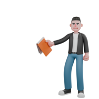 Cartoon Cameraman 3D Creative Artwork Design. A male cameraman stands with his left hand clenched, and holds a clipboard in his right hand as if telling something. Illustration png