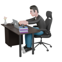 Creative 3D Artwork Design in Cartoon Style of Cameraman. A male cameraman sits on a chair with a laptop on the table while typing on the keyboard in both hands. Illustration png